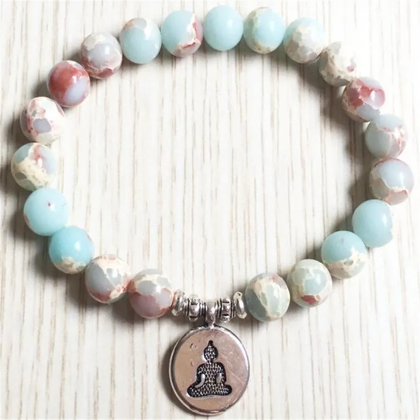 

8mm Imperial Jasper Bracelet 7.5 inches Semi-Precious Stones Adjustable Bohemian Beaded Teens Gift Unisex Women Men Prayer