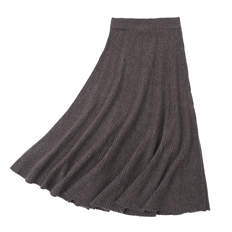가을 겨울 여성용 100% 메리노 울 숏 스커트 미드-칼프 클래식 하이웨이스트 풀 스커트 솔리드 니트 소프트 패션 드레스