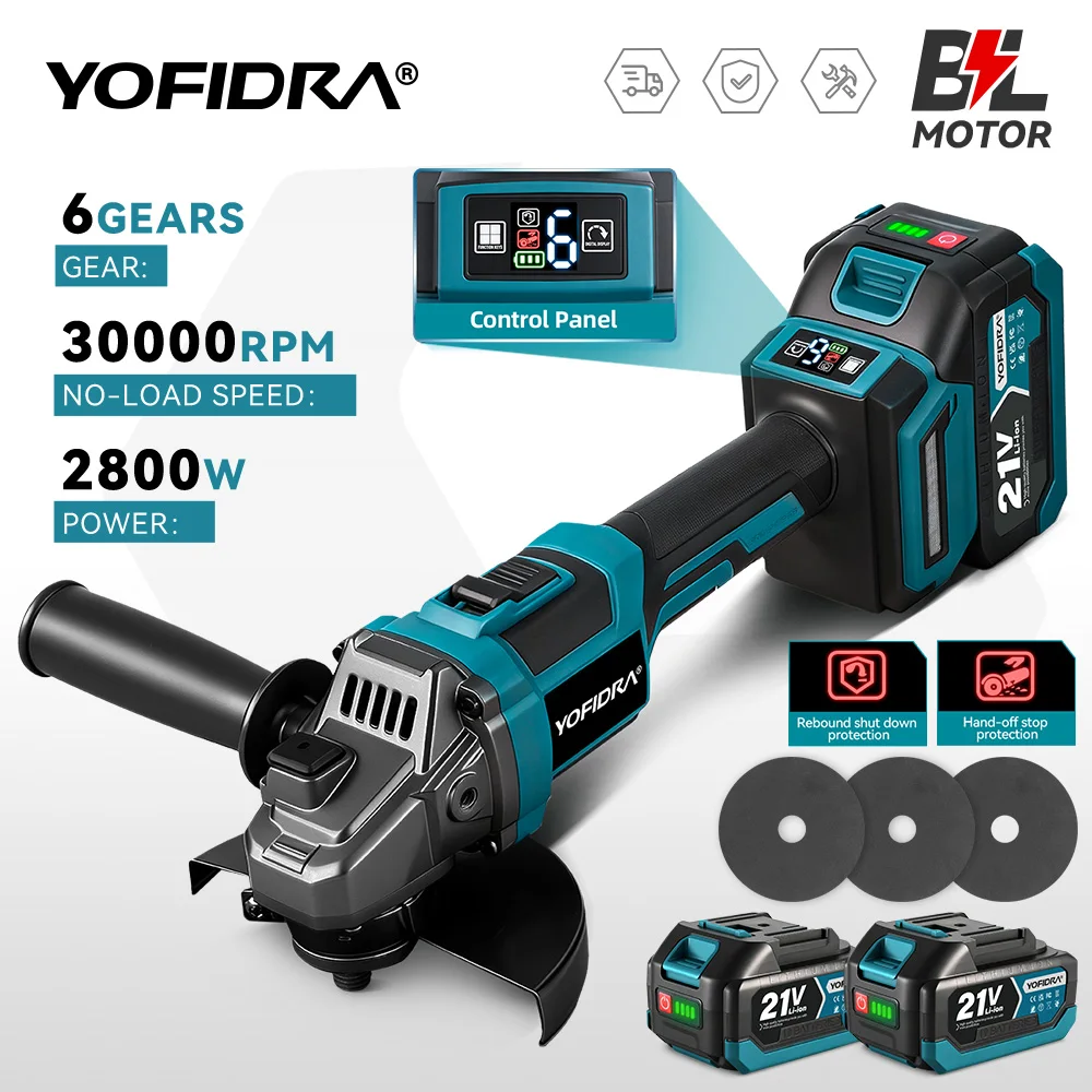 YOFIDRA Amoladora Angular Eléctrica sin Escobillas de 6 Velocidades, 30000 RPM, Herramienta Eléctrica para Pulir y Cortar Metal y Madera, Compatible con Batería Makita