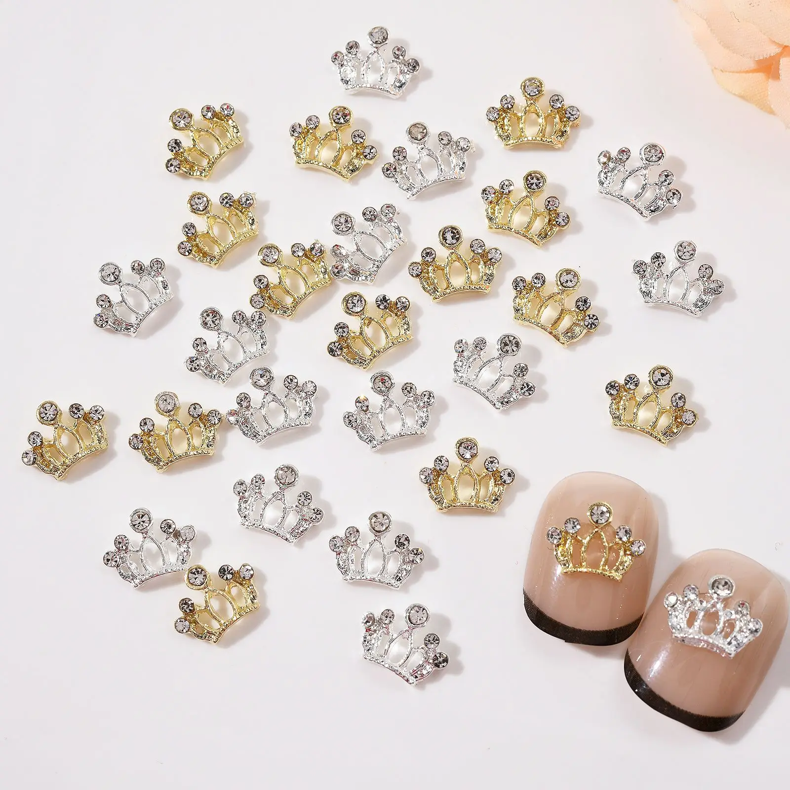 10 pcs Crown Nail Art Charms Alloy Gold Silver Bottom and White Diamond Nail Supplies 3D Rhinestones Manicure Accessories 7*9mm