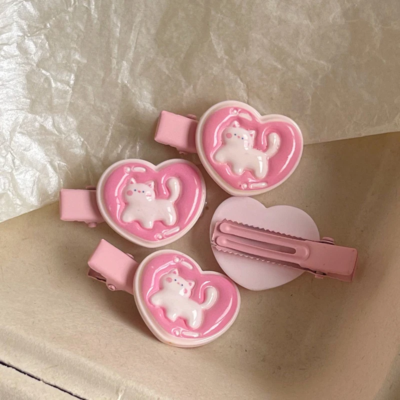 Pink Love Heart Cat Hair Clip Cartoon Sweet Cute Fun Aesthetic Hair Accessories for Women 2023 Trending Hairwear