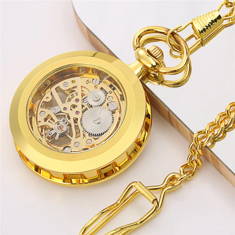 Bronze Hand Wind Mechanical Pocket Watch Gold Transparent Skeleton Fob Chain Antique Clock Luminous Hands Gift for Men Women