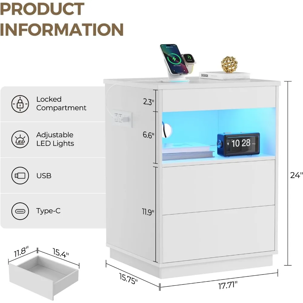 Moderner, abschließbarer Nachttisch mit verstecktem Fach, USB/Typ-C-Ladestation, LED-Leuchten und Waffenspeicher