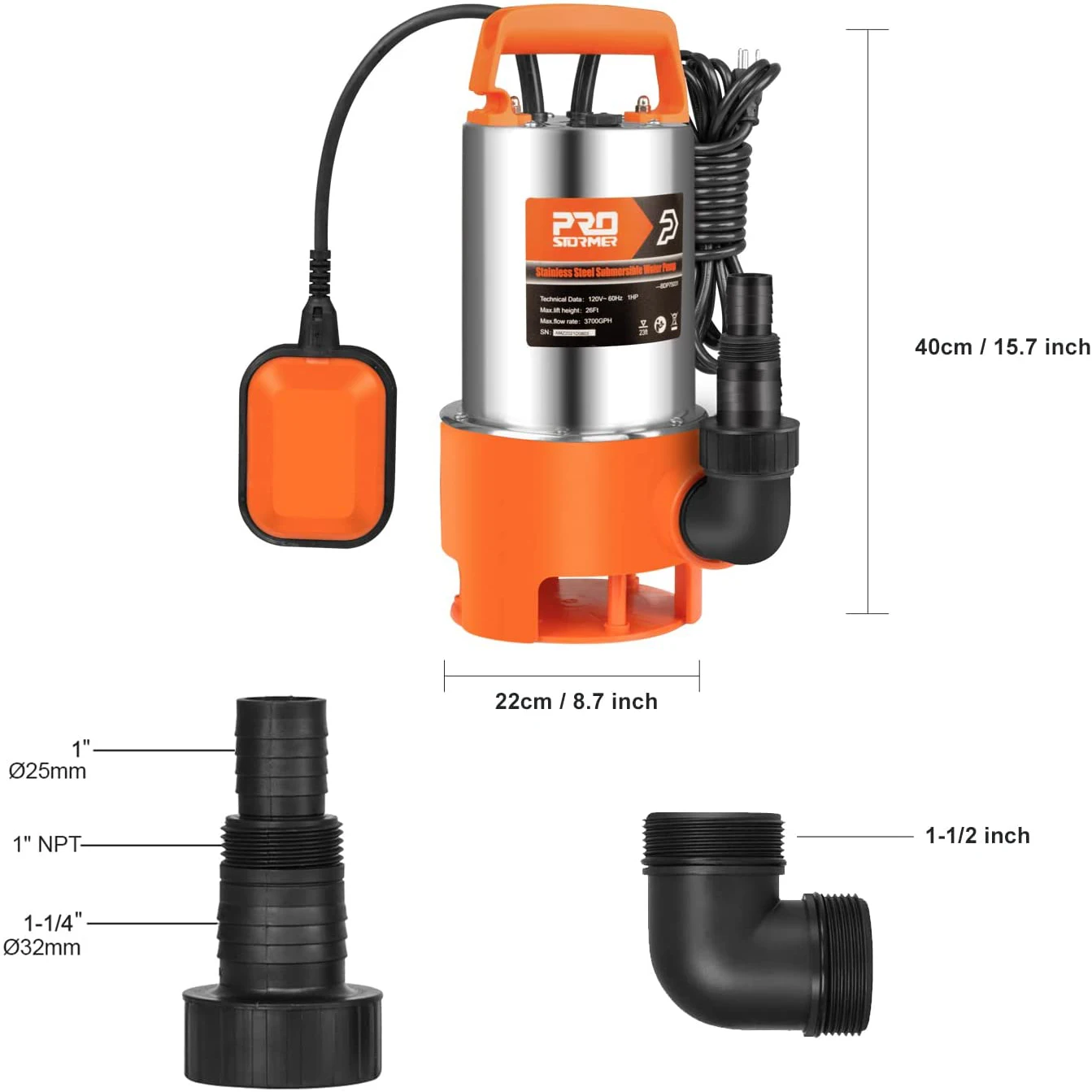 Imagem -03 - Bomba de Depósito de 1hp 3700gph Submersível Limpa Bomba de Água Suja com Interruptor de Flutuação para Canos Principais de Água Doce Prostormer Aço Inoxidável