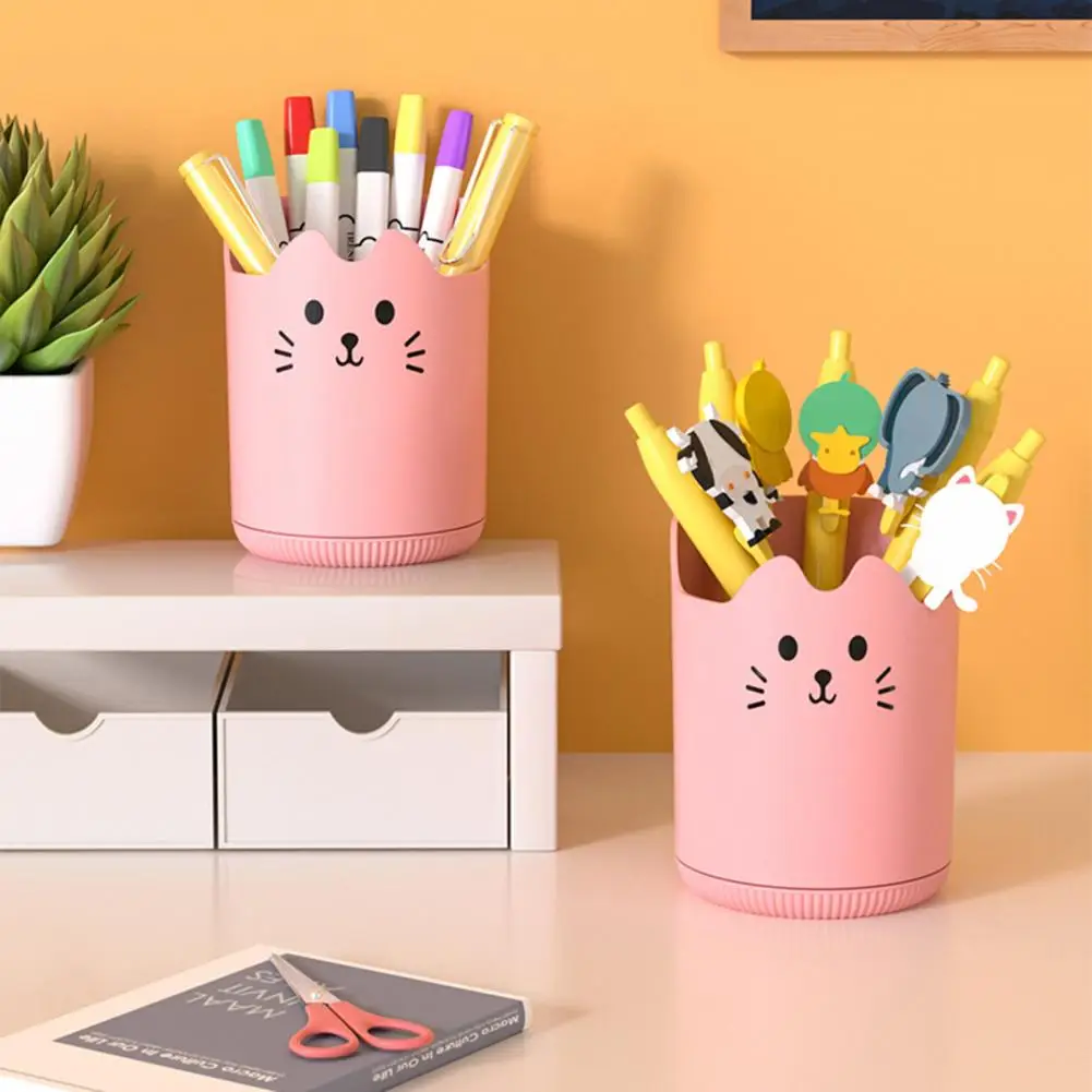 Sleek Pen Storage Solution Cat Pattern Desk Organizer with 360 Degree Rotation Capacity Pen Holder Stationery for Office