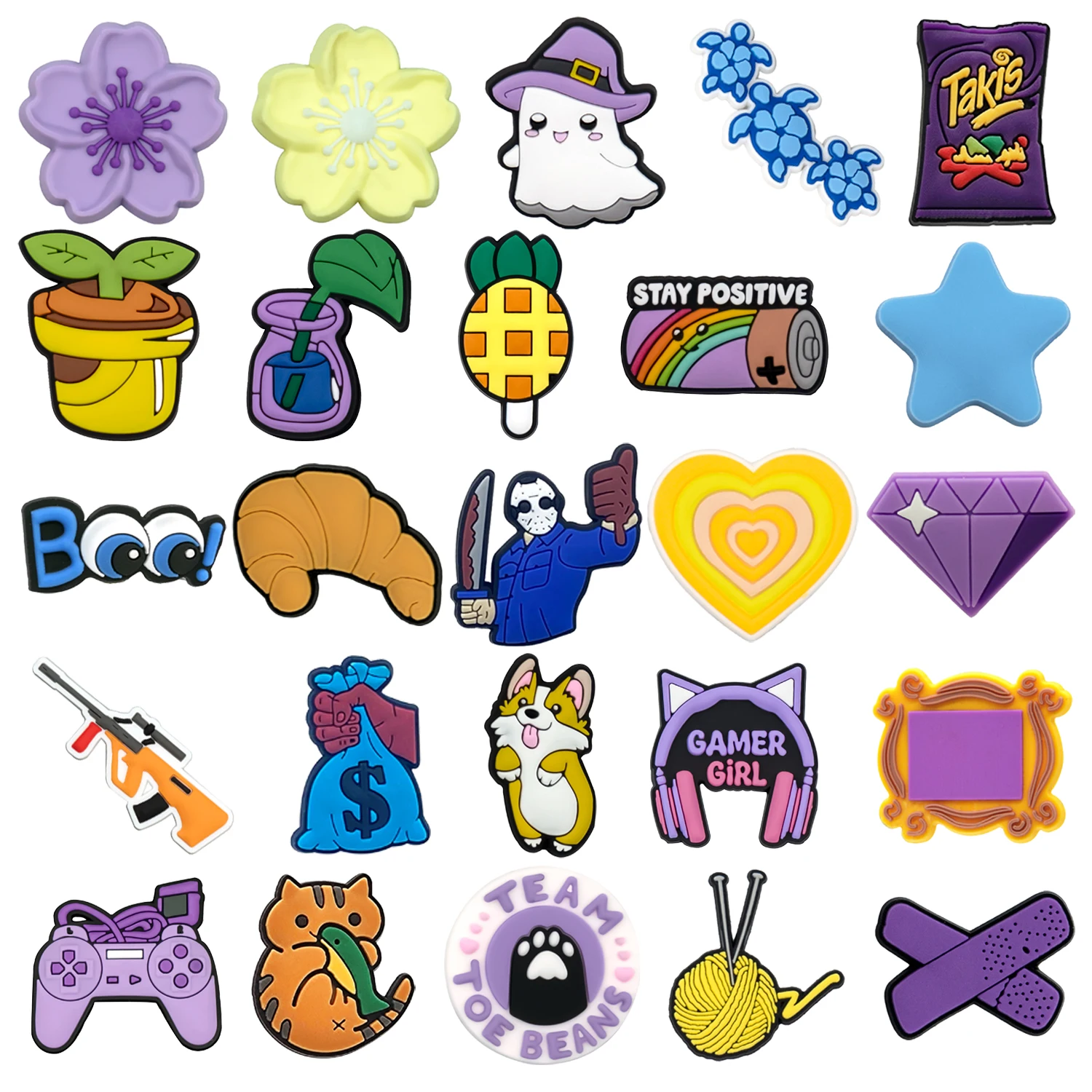 1/25 Uds. GamePad de diamantes morados, accesorios para zapatos de flores para mujer, Croissant, corazón, perro, adornos para zapatos, decoración, pentagrama, Pin, zueco