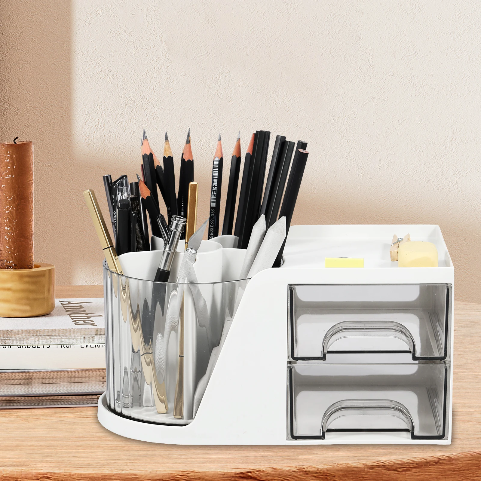

Rotating Desk Organizer with 2 Drawer 360° Rotating Desk Pencil Pen Holder Multifunctional Makeup Brush Holder Large Capacity