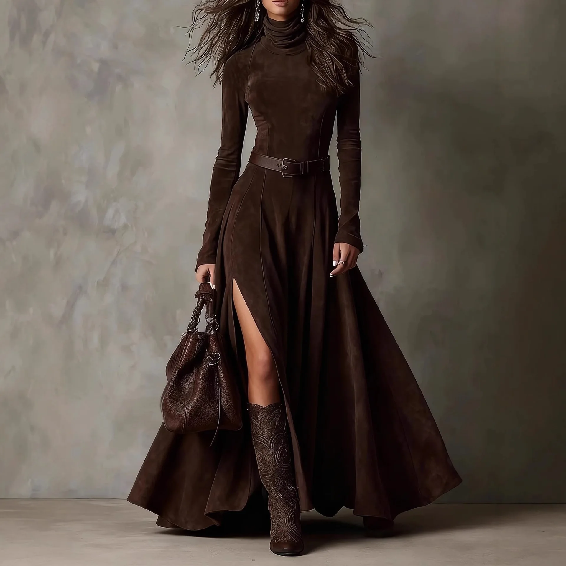 American Retro Suede Leather Split Hem Dress for Women's Long Sleeve Turtleneck Solid Elegant Sexy Fit and Flare Long Dress