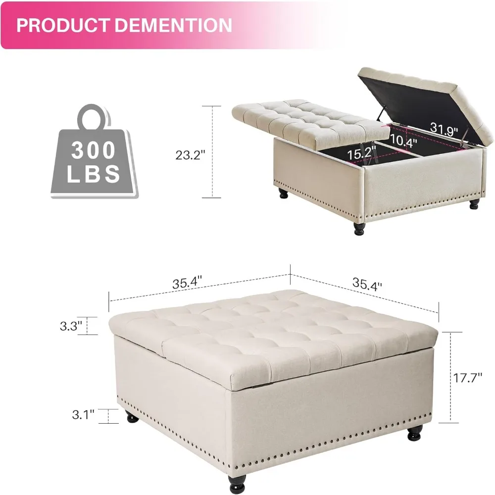 Redlife 35 Inch Large Square Storage Ottoman Bench, Storage Ottoman Coffee Table Large Square Ottoman with Storage Lift Top Tuft