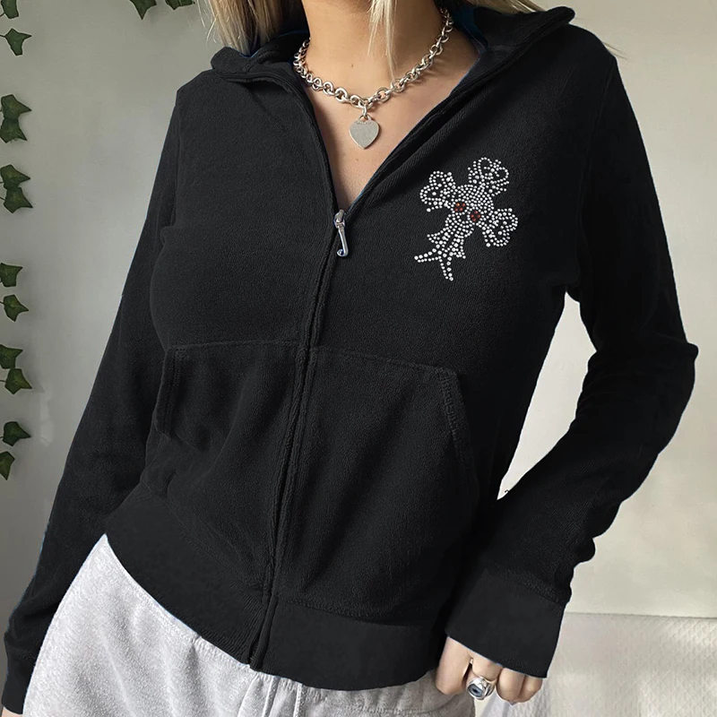 90s Vintage Skull Rhinestone Long Sleeve Coat Women Slim Fit Zip-Up Sweatshirts Spring Fall Jacket Hoodies Y2K Retro Streetwear