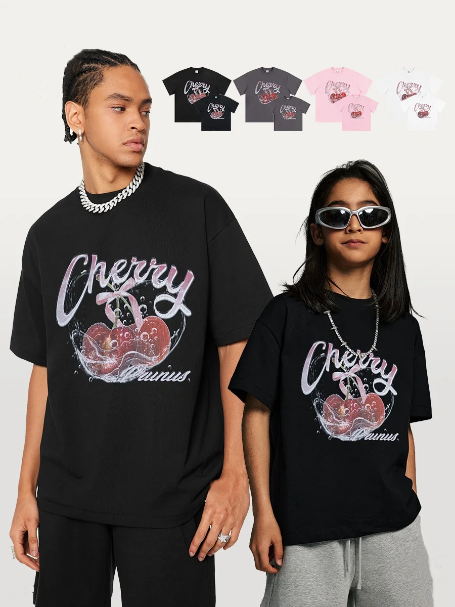 

Hiphop Family Matching Clothing Short Sleeved T-shirt Cherry Print T-shirt Loose Vintage Shirts Cotton shirts for Summer