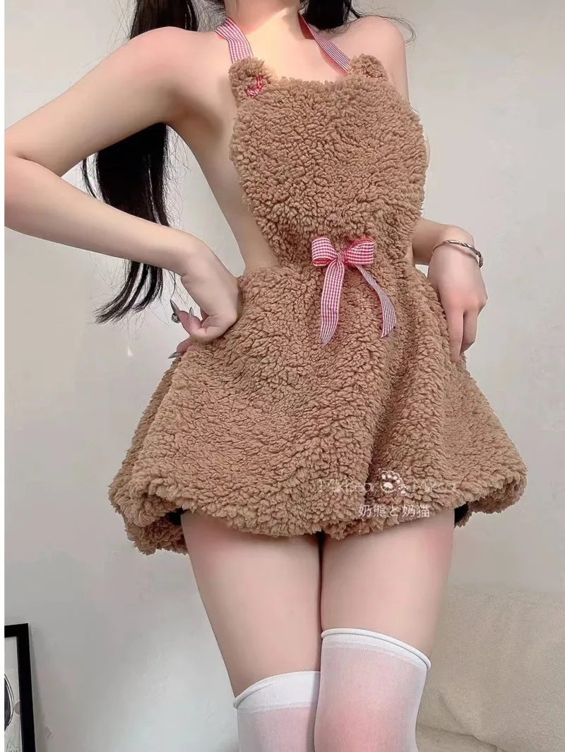 Hanging Korean Style Neck Open Back Temptation Flannel Anime Cute Dresses Female Pure Colour Loose Dress Elegant Fashion New HY9