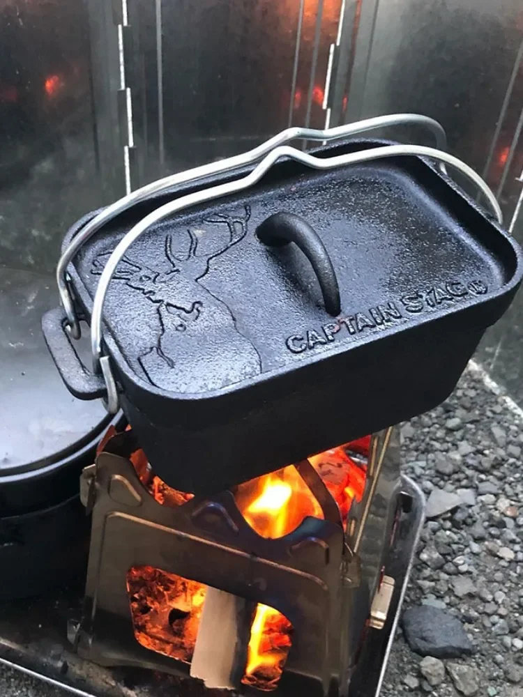 Camping Outdoor Cast Iron Hanging Stewpot Barbecue Dutch Pot Oven Bonfire Cookware Multifunctional Baking Pan Round Square