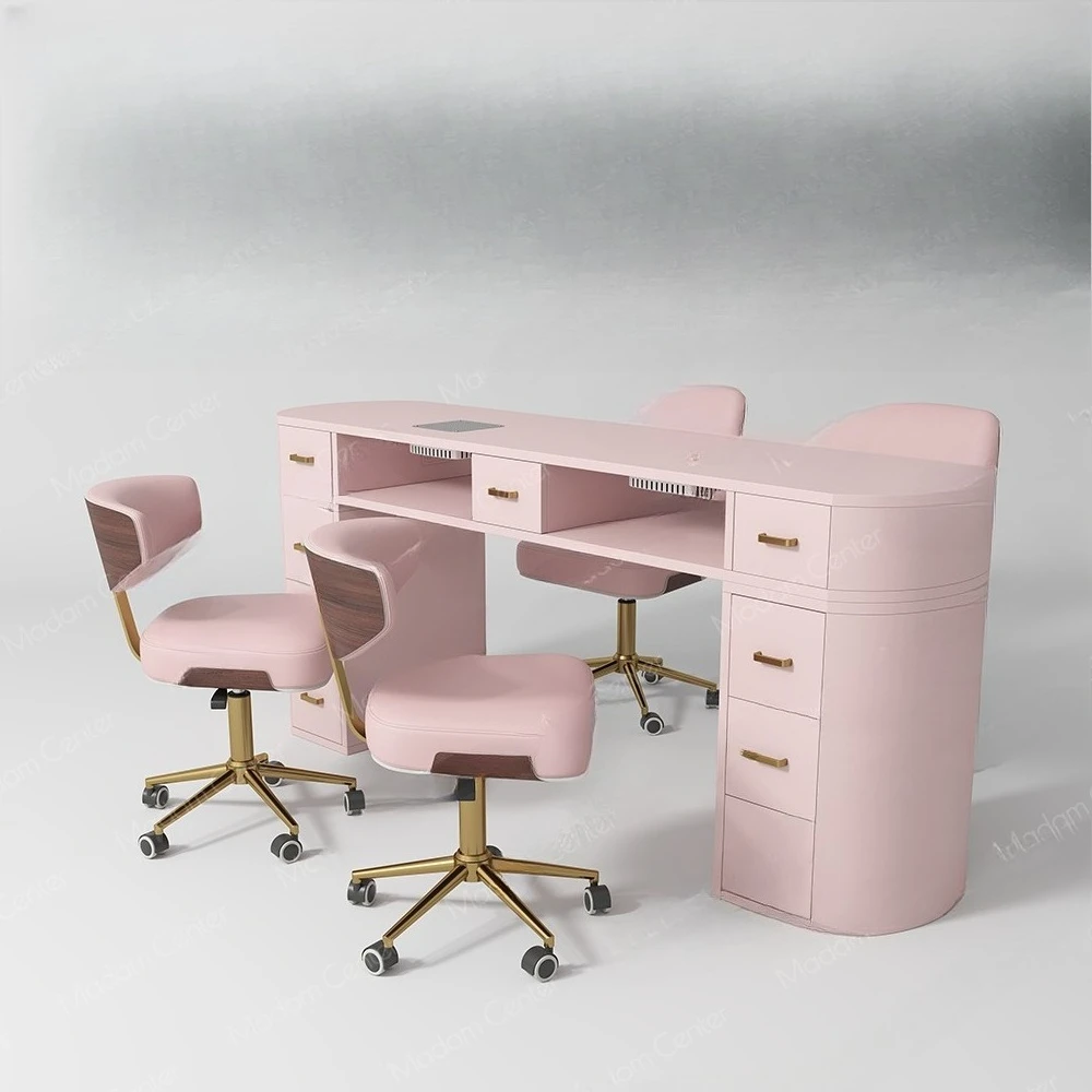 

Double pink luxury beauty manicure art table and chair set manicurist chair