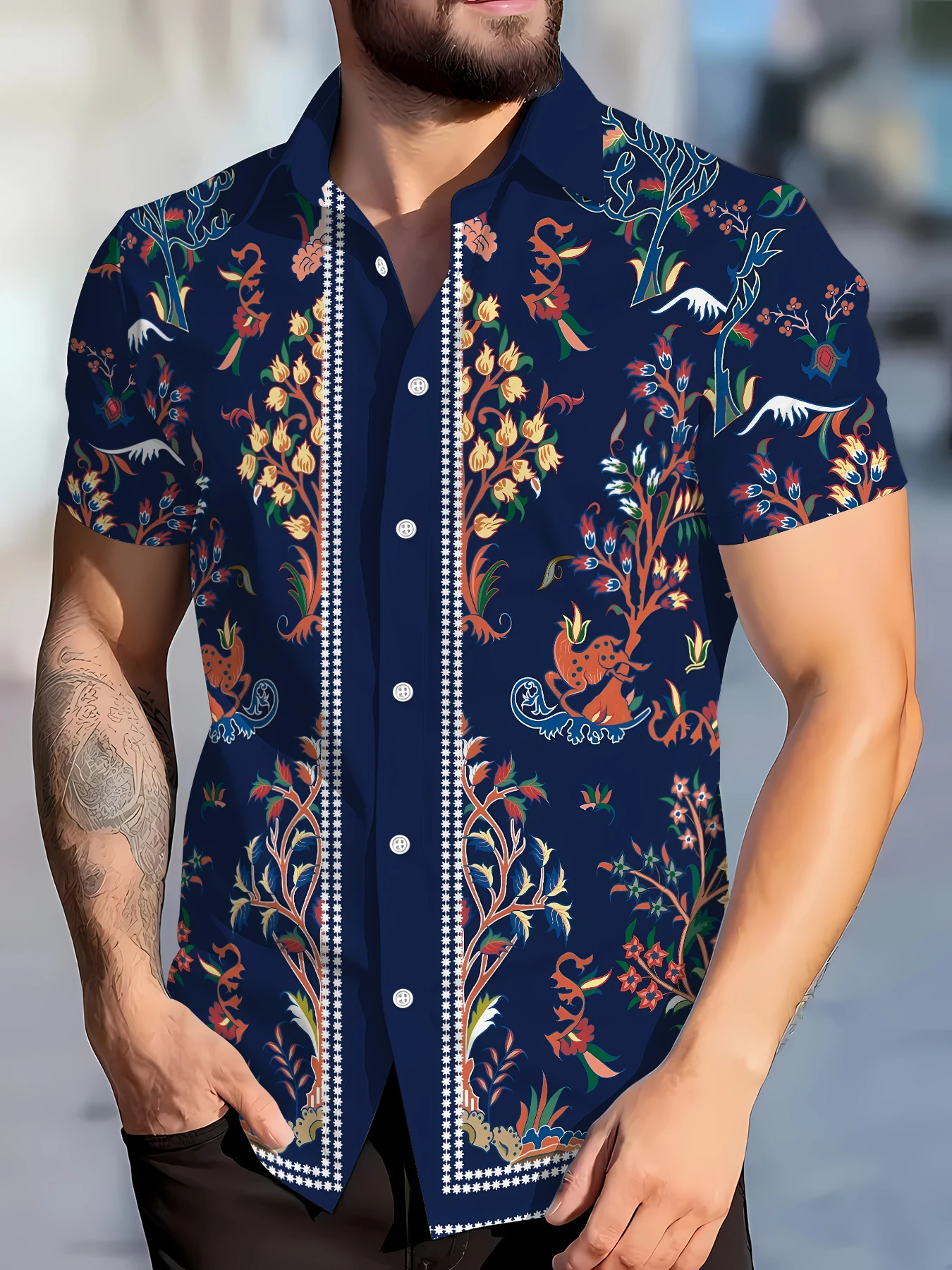 Minority Bohemian Ethnic Style Short Sleeved Shirt, Colorful Tree, Flower, Bird, Reindeer Print Summer Men's Shirt