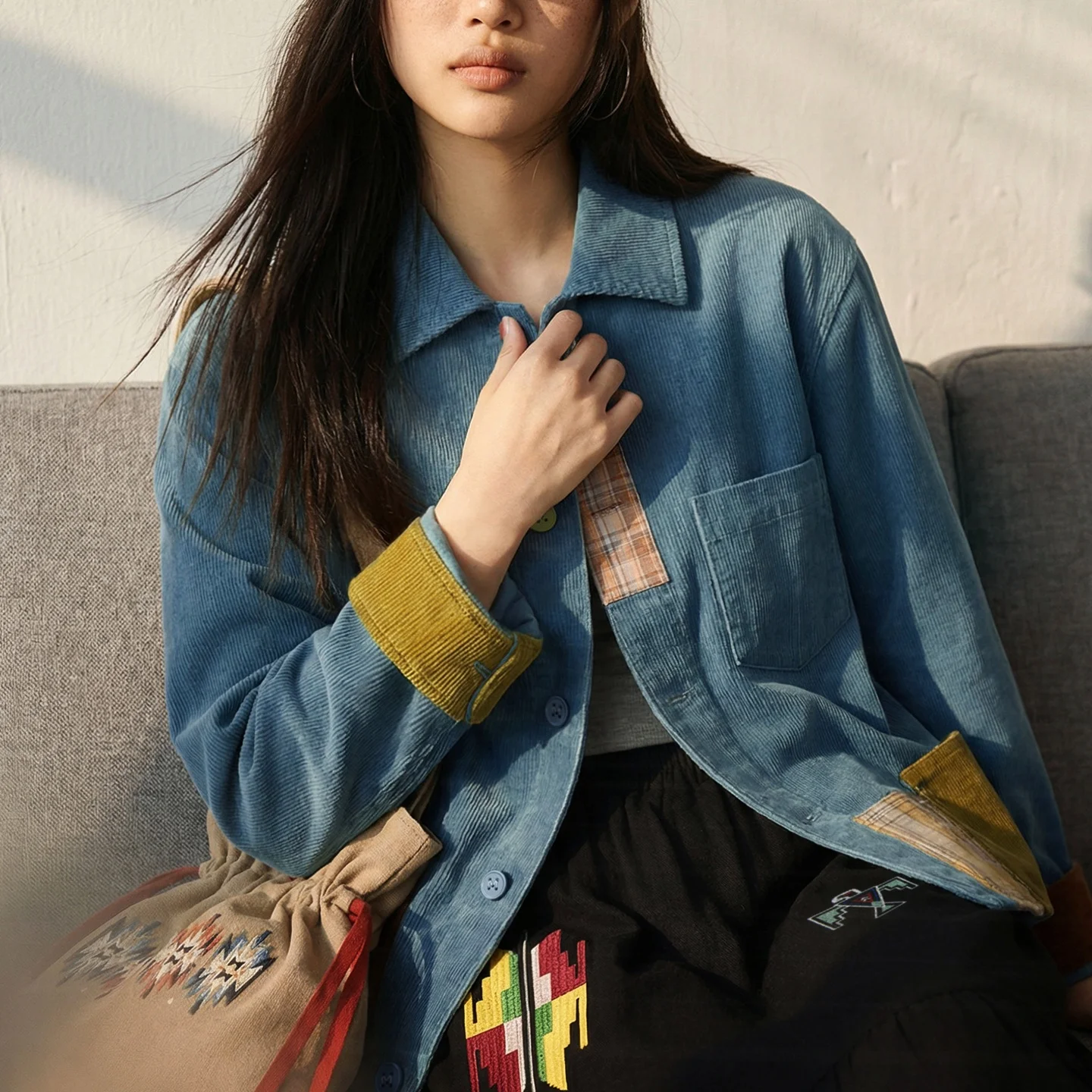 Women's Corduroy Shirt Jacket - Lake Blue Plaid Contrast Panels
