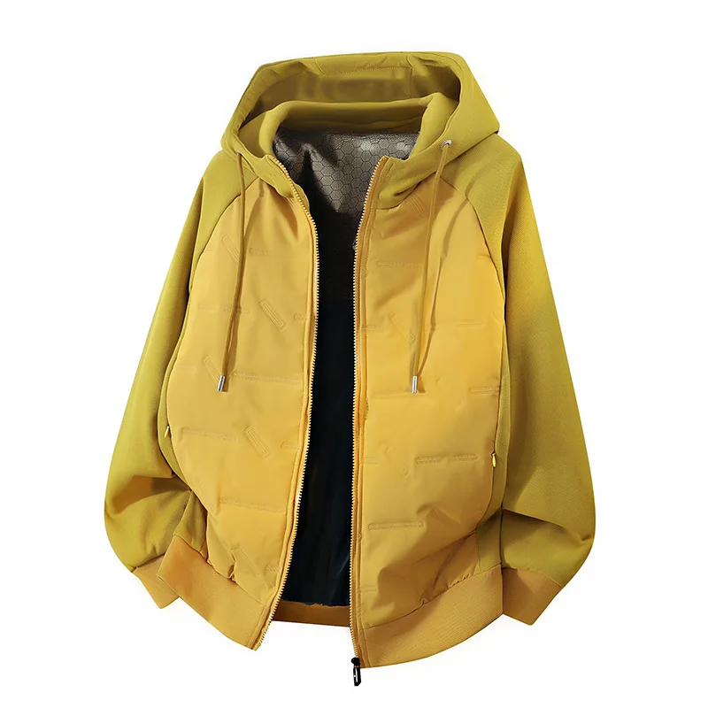 男性ダウンジャケット秋冬ファッションコントラストカラーパッチワーク男性フード付きコート厚みのある長袖無地男性アウター