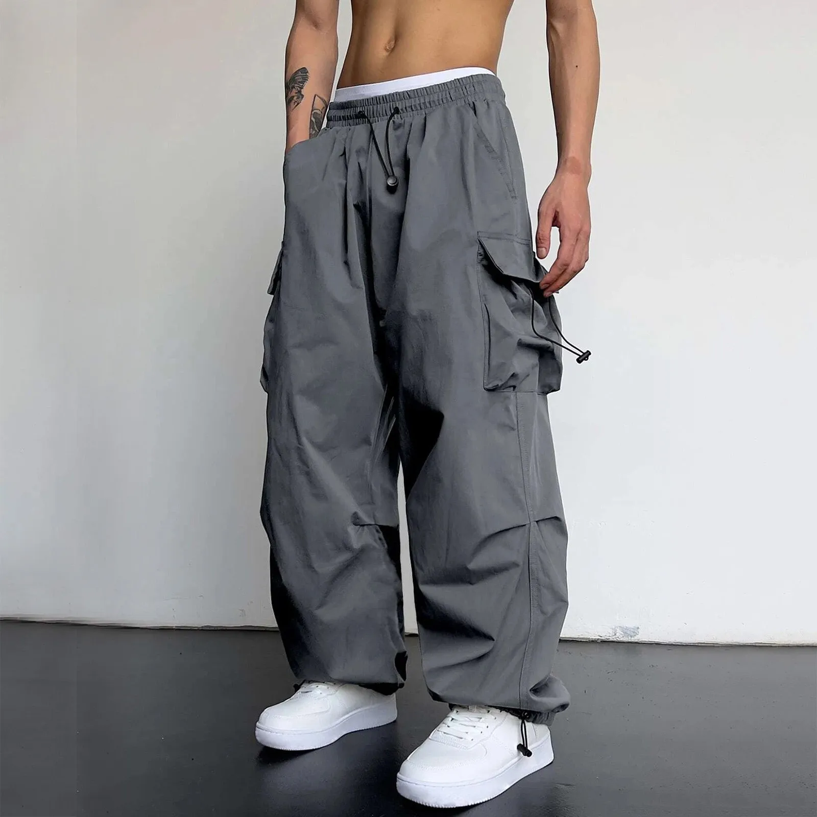 Men'S Solid Color Street Fashion Overalls Woven Multi-Pocket Casual Long Overalls With Waist Lace-Up All Fashion Tracksuit Pants