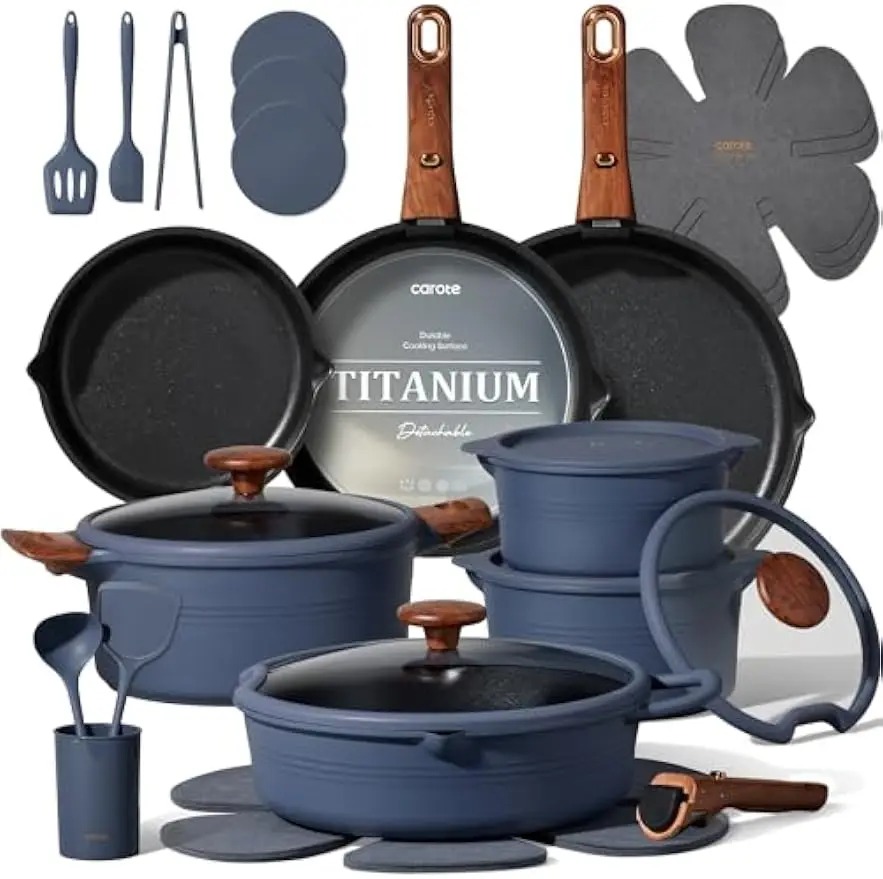 30pcs Titanium Cookware Set, Pots and Pans Set Detachable Handle | Non-Stick, Non-Toxic, Induction Compatible, Dishwasher