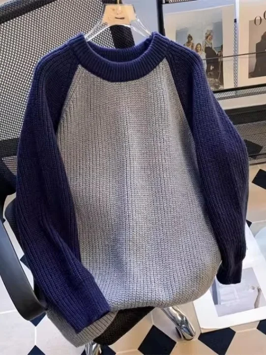 

Американский свитер-толстовка из трикотажа, свободного кроя, для осени и зимы, теплый, вязаный, для пар, повседневный, с круглым вырезом, длинный...