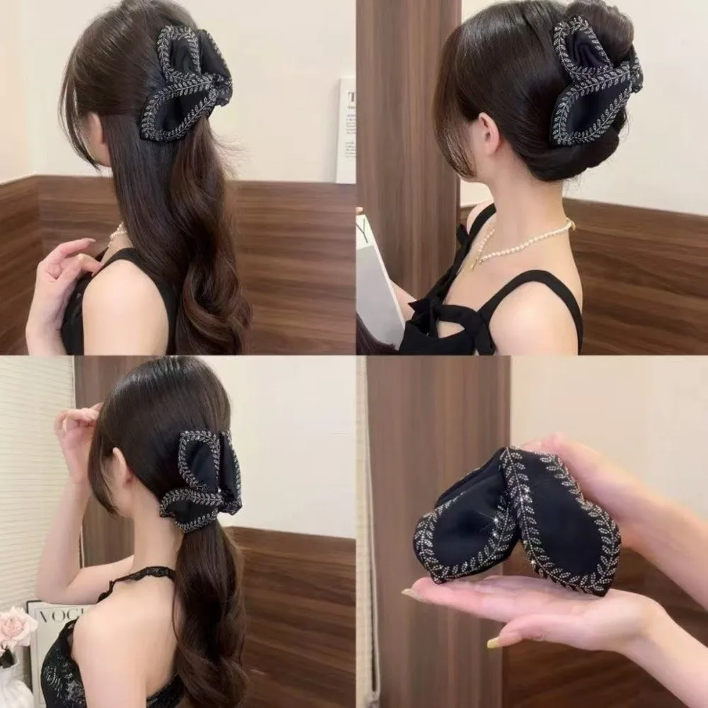 

Fashion Bow Hair Claw Wheat Ear Glamorous Style Shark Clip Black Satin Hair Clip Women