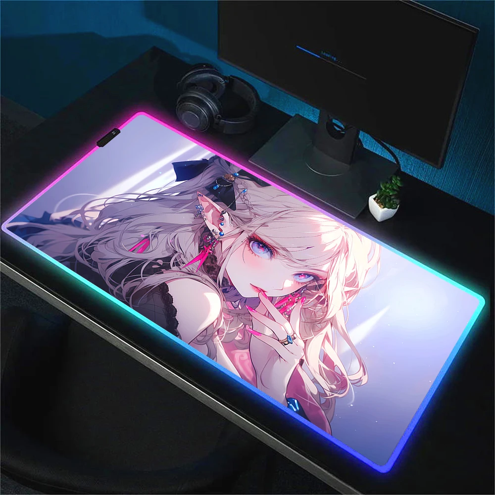 

RGB Gaming Mouse Pad, Elf Anime Girl Print, Glowing Extended Desk Mat, Non-Slip Rubber, Waterproof Mat for PC & Gamers