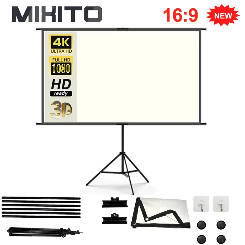 MIXITO With Stand White Grid Anti-Light Projector Screen 2.0 Gain 100 120 Inch Outdoor For Home Theater 4K HD Projection Screen