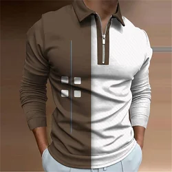 Patchwork Pattern Print Polo Shirt for Men Ventilate Lapel Golf Wear Men's T-Shirt Top Comfort Zipper Sport Long Sleeve Clothing