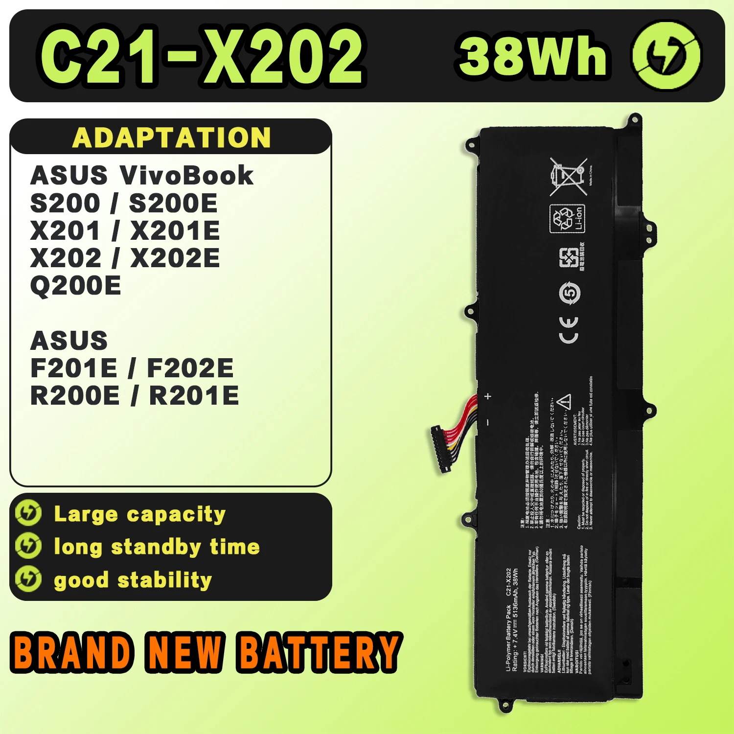 SAT C21-X202 New Laptop Batteries Replacement For ASUS S200E X202E X201E S200L Q200 7.4V-38Wh-5136mAh