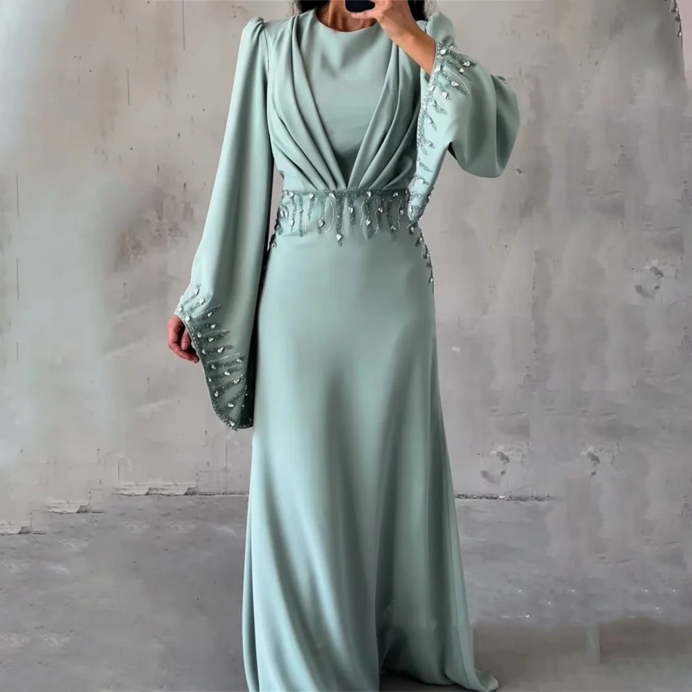 تخصيص رائعة Ruched الديكور المرأة حفلة موسيقية فستان طويل الأكمام الساحرة ألف خط الخامس الرقبة فستان الحفلات الكشكشة المرأة ثوب مسائي #2