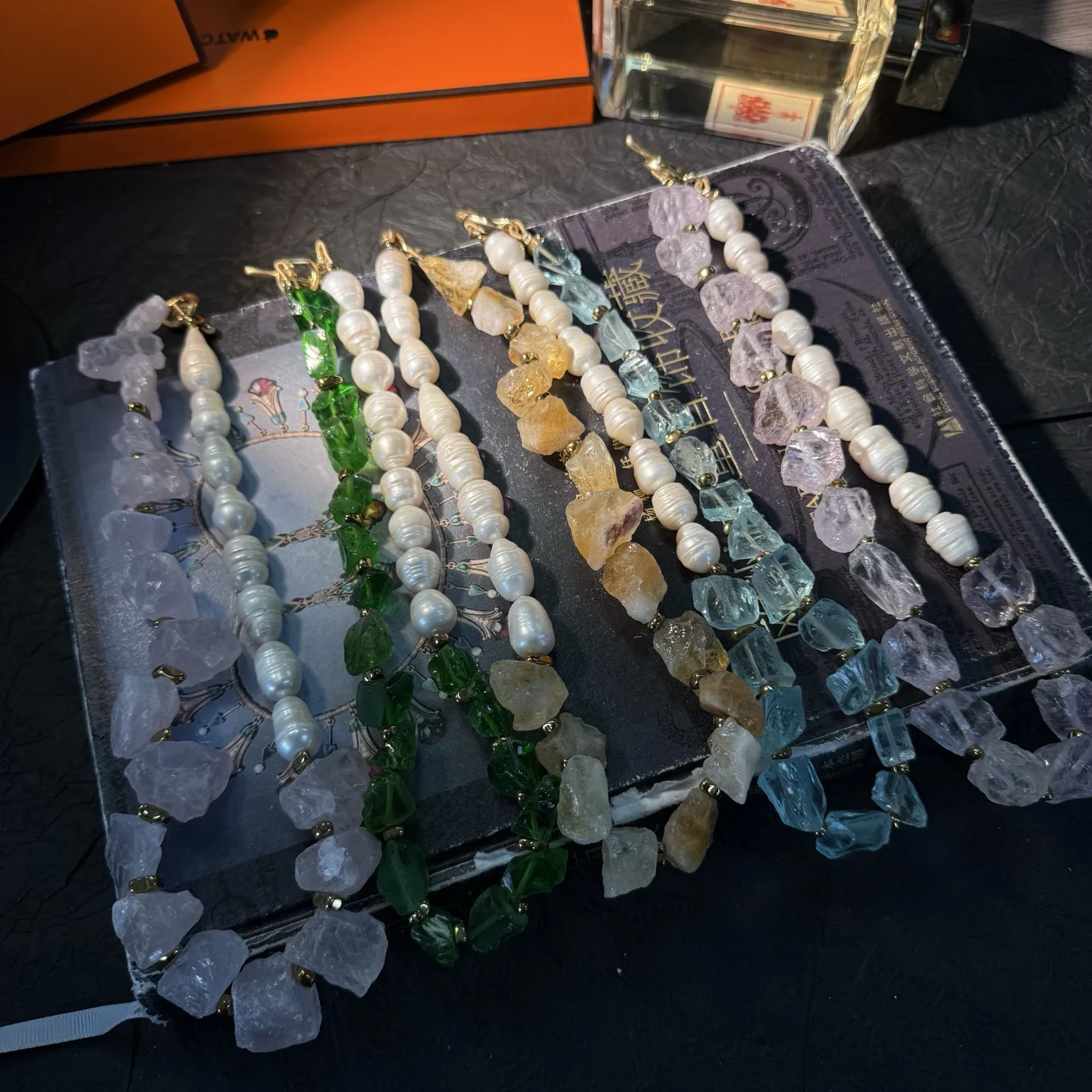 

freshwater pearl white egg glass quartz nuggets necklace purple pink green blue yellow