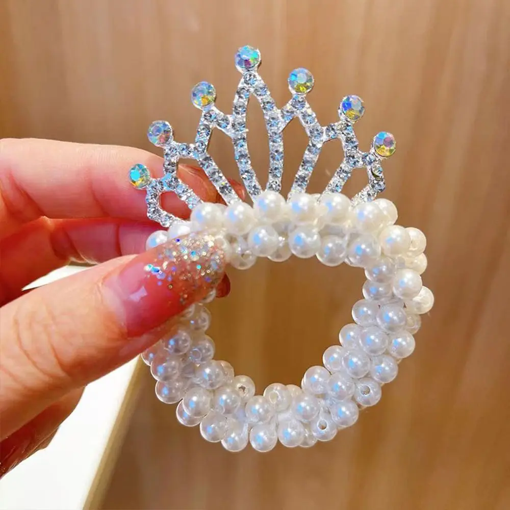 Crown Tiara Pearl Hair Ties Beads Girls Scrunchies Rubber Bands Ponytail Holders Hair Accessories Elastic Hair Band