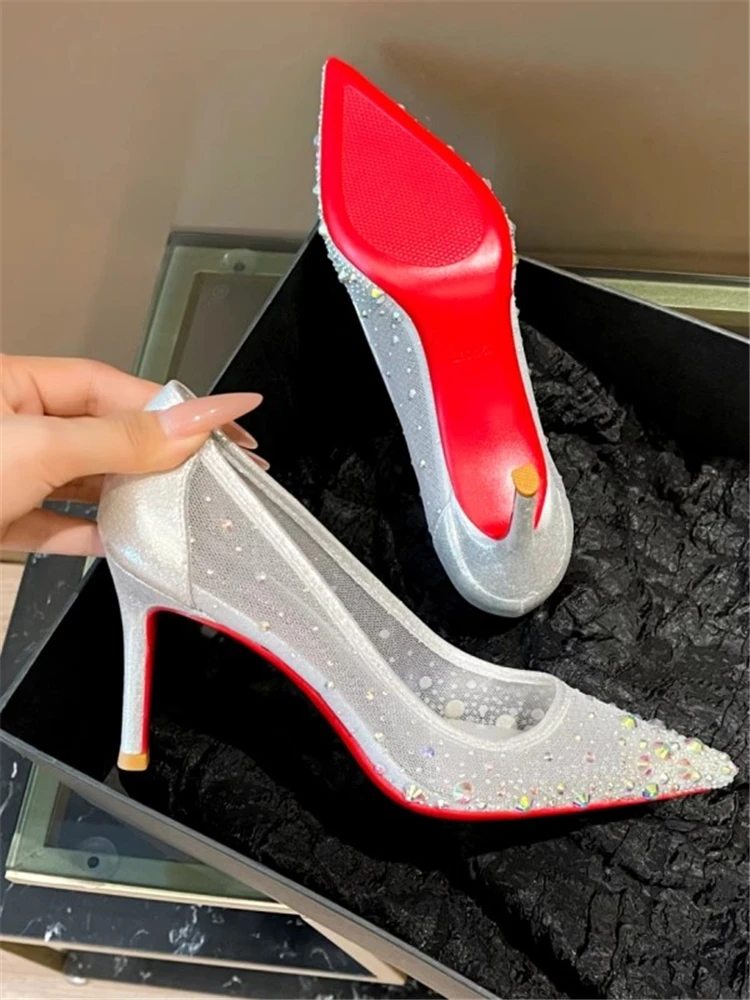 

Thin high-heeled wedding shoes spring new pointed shallow mesh rhinestone shoes banquet large size small size women's shoes