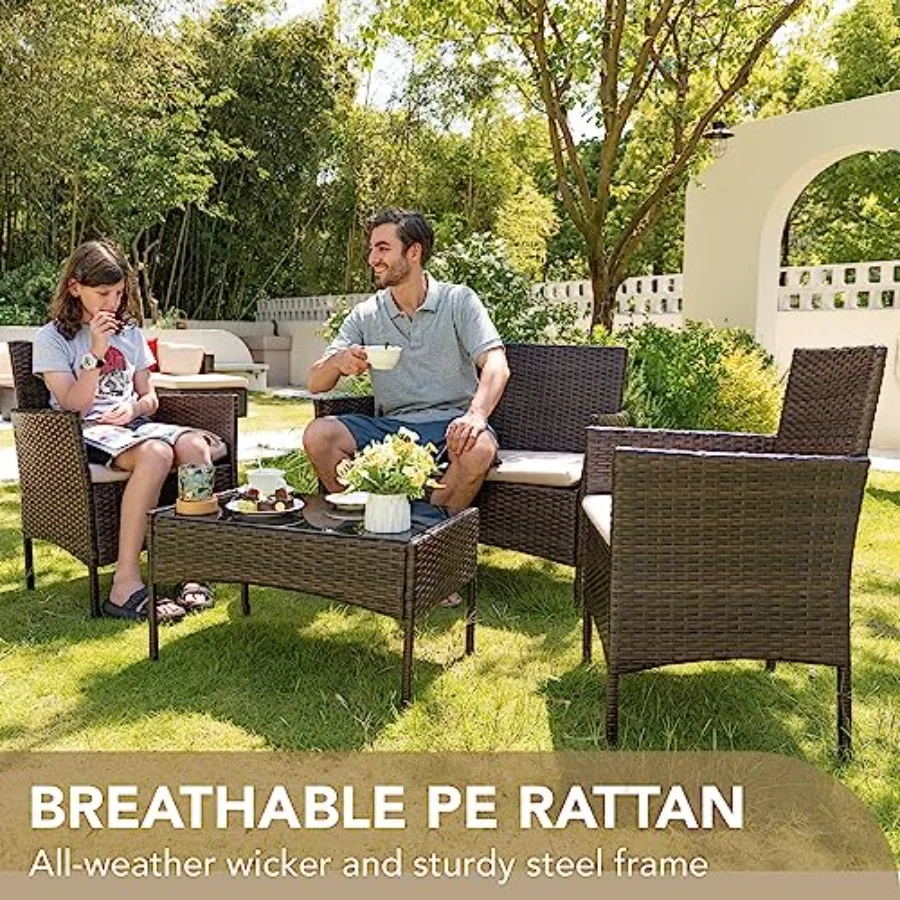 4 Pieces Outdoor Patio Furniture Set, PE Rattan Wicker Chairs Brown