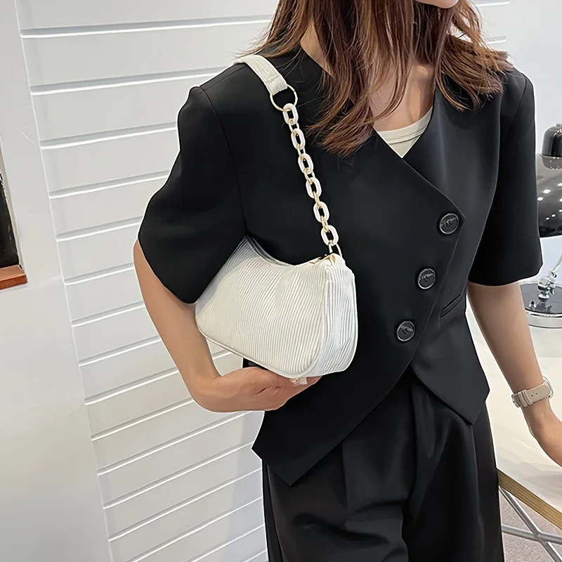 Chic Mini Canvas Crossbody Bag for Women Casual Solid Color Corduroy Handbag , Zip Closure Shoulder Bag, Small Tote Bag