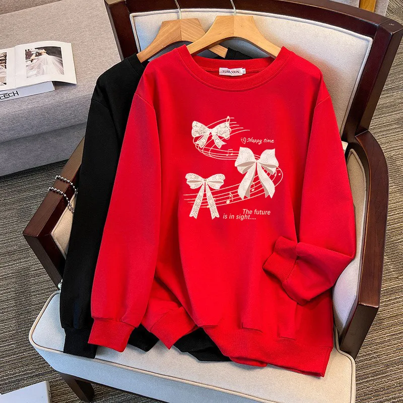 

175Kg Plus Size Women's Bust 170 Autumn Loose Round Neck Long Sleeved Printed Sweatshirt Black Red 4XL 5XL 6XL 7XL 8XL 9XL