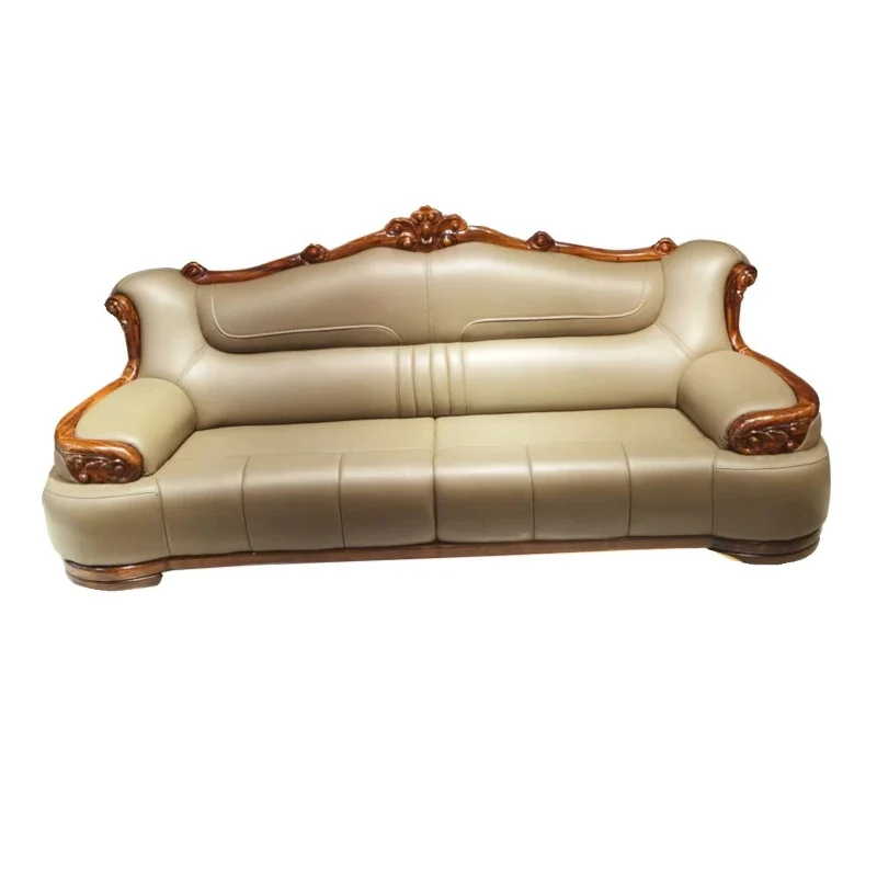 new Chinese-style first-layer cowhide high-end villa combination European straight row new solid wood sofa