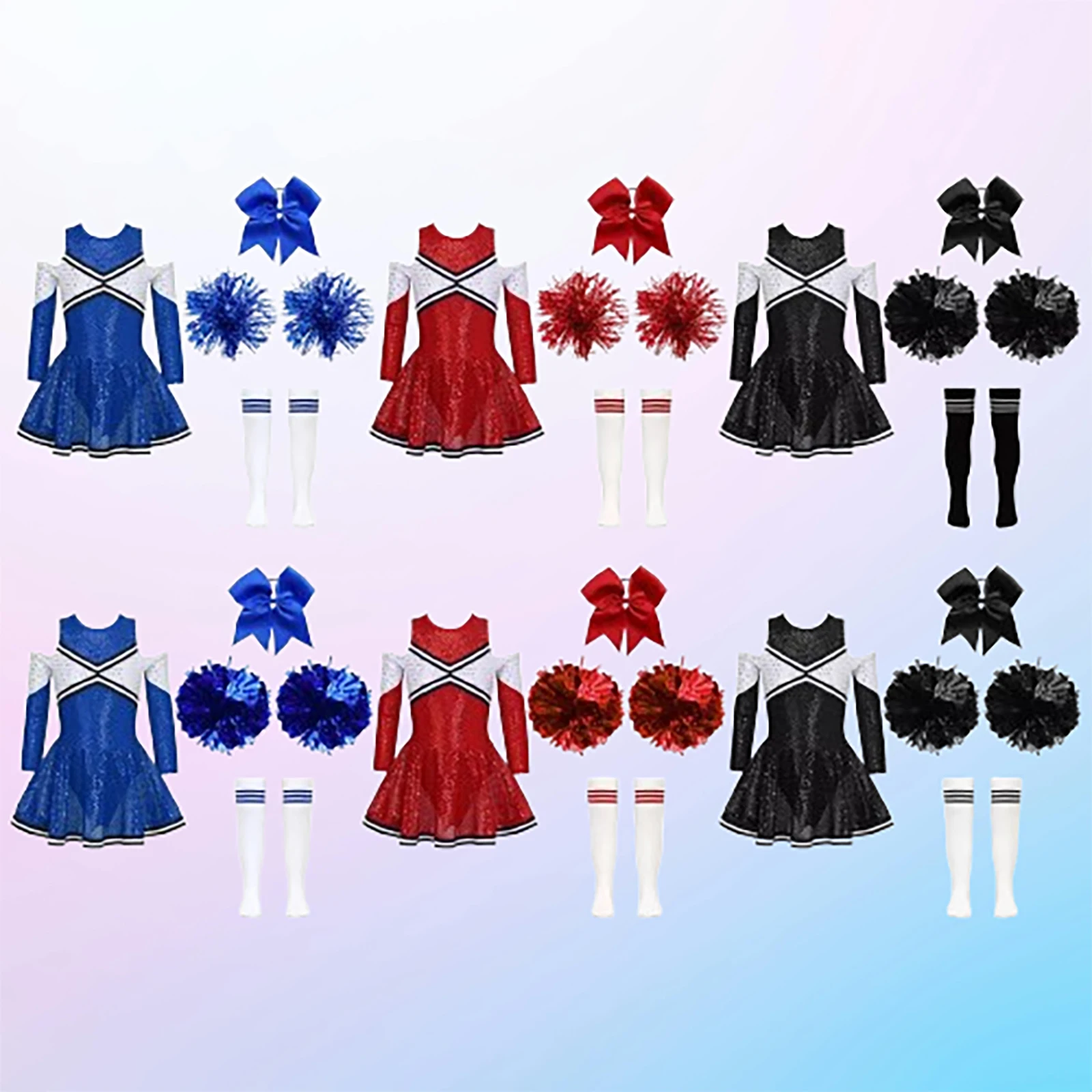Girl Cheerleader Costume Children's Cheer Dance Outfits Sequins Cheerlead Dress + Hand Flowers Teamwear Suit Kids Dancewear Set