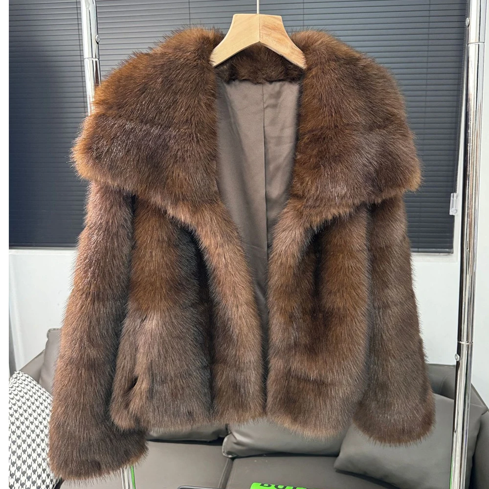 2024 Winter Female Loose Streetwear Outwears Brown Women Faux Sable Fur Jacket Oversized Lapel Long Sleeve Warm Fluffy Coats