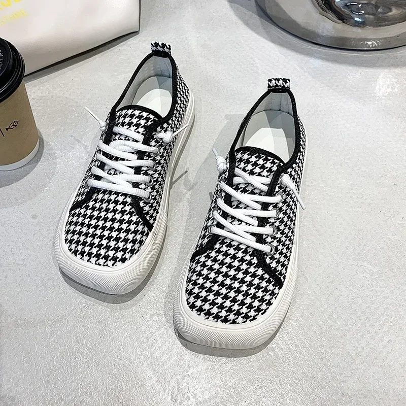 2023 Platform Canvas Shoes for Women  New Square Toe Laces Korean Sneakers Plaid Leopard Print Student Single-Layer Shoes