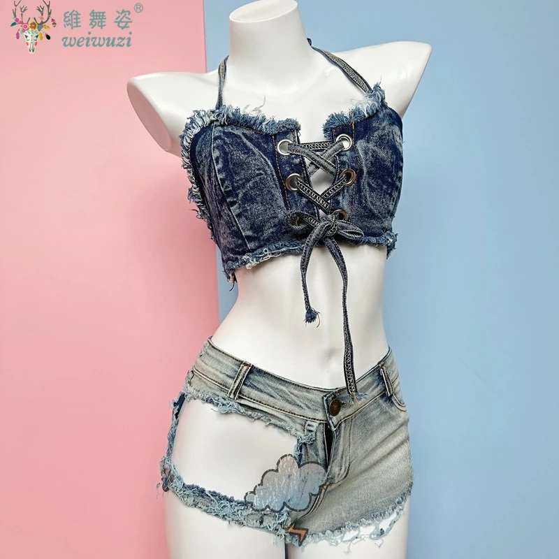 

Women's Lace Up Denim Bikini Sets New Jeans Denim Shorts Swimsuit Cowboy Top Beach Play Bar Nightclub DJ Pole Dance DS Uniform