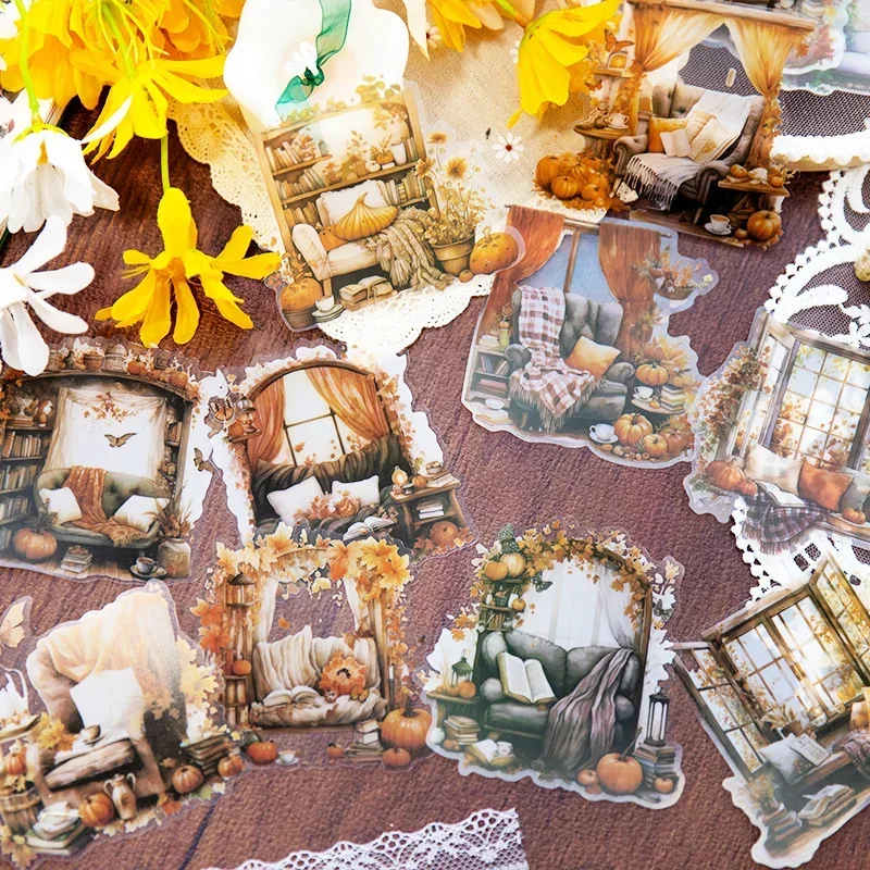 

10Sheets PET Collage Card Stickers Dairy Coffee House Fireplace Glow Decoration Handbook Package Supplies Scrapbook 130*90MM