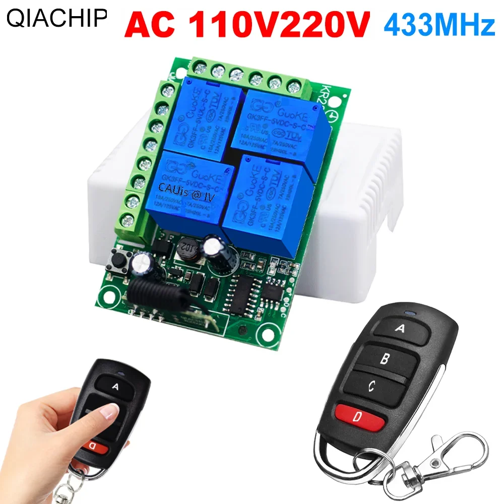 QIACHIP 433MHz Remote Control Switch AC 110V 220V 4CH RF Wireless Receiver Relay Module and Transmitter for Garage Door Light 