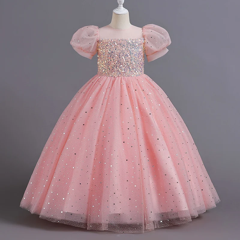 2024neue Kinder kleid Mädchen Prinzessin Pailletten Blase Ärmel lange Mesh Blume kleines Mädchen Hochzeit für den Sommer für 3-14 Jahre alt