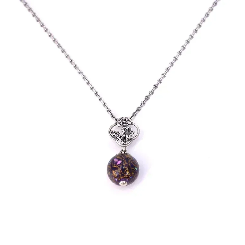 

Purple and gold beading with flower pendant necklace high quality copper plated lacquer art lacquer wood beading exquisite