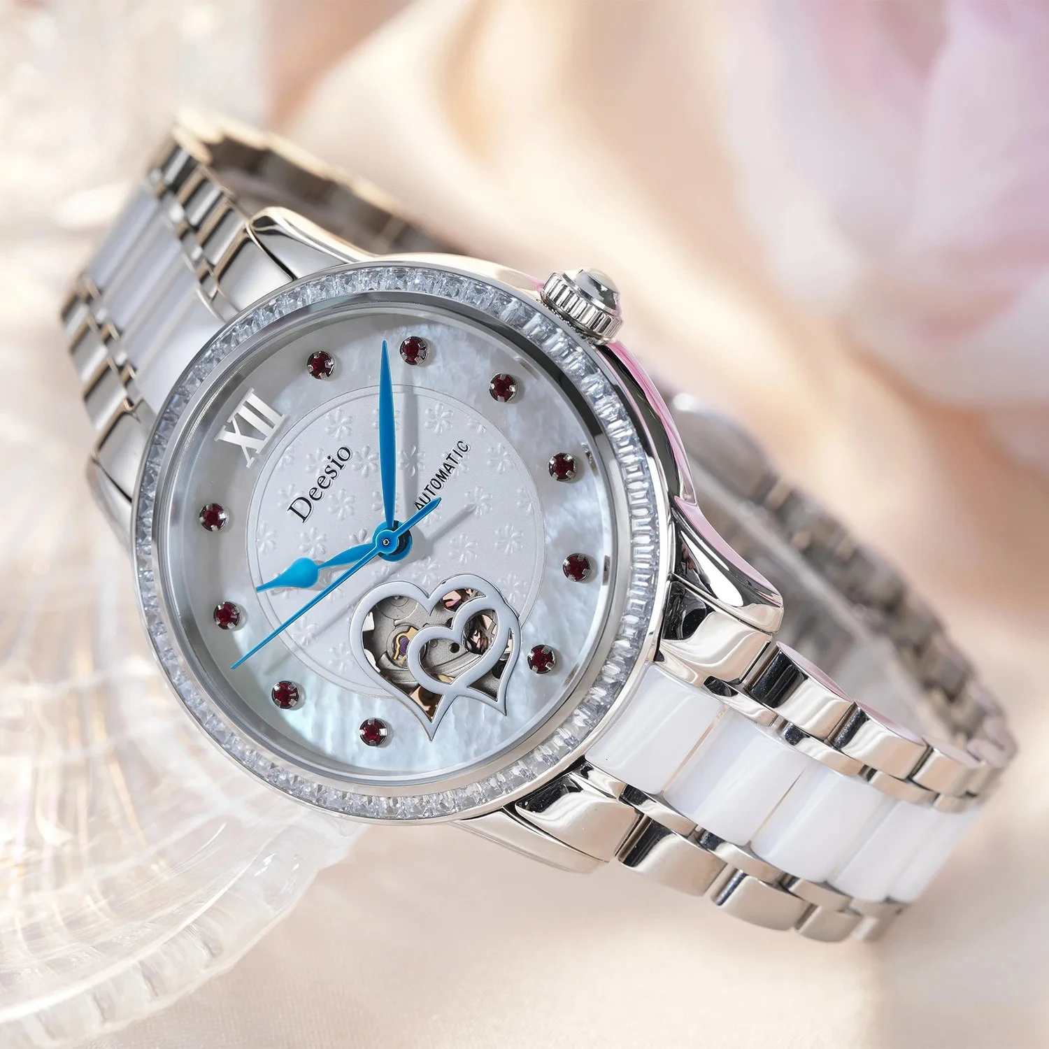 

Deesio Women‘s Automatic Mechanical Watch Heart Shape Dial Ceramic Steel Bracelet 50M Waterproof Luxury Ladies Wristwatch Gift