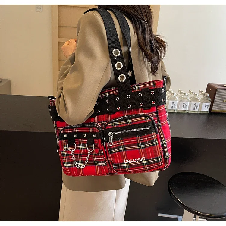 PU CHAINS Zipper Shoulder Bag Buckle Decorative Casual Women's Bags on Sale 2026 New Plaid Locomotive Style Women's Handbags