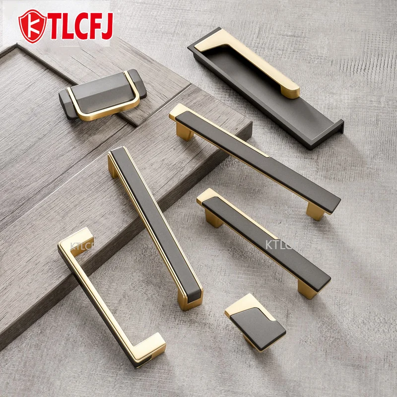 KTLCFJ  Zinc Alloy Cabinet Knobs and Handles Modern Gold Gray Kitchen Hidden Handle Fashion Drawer Knobs Furniture Hardware