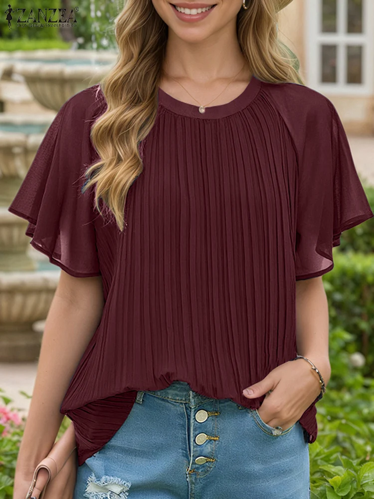 

Women Blouse Fashion Pleated Tops Solid Short Sleeve Blusas 2025 ZANZEA Casual Loose Work Office Tunic O-Neck Pullovers Femme