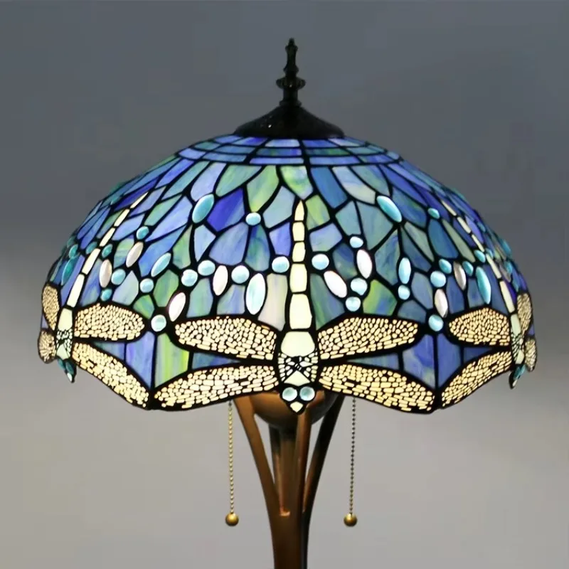 

16-Inch Tiffany-style stained glass floor lamp with dragonfly motif and resin base